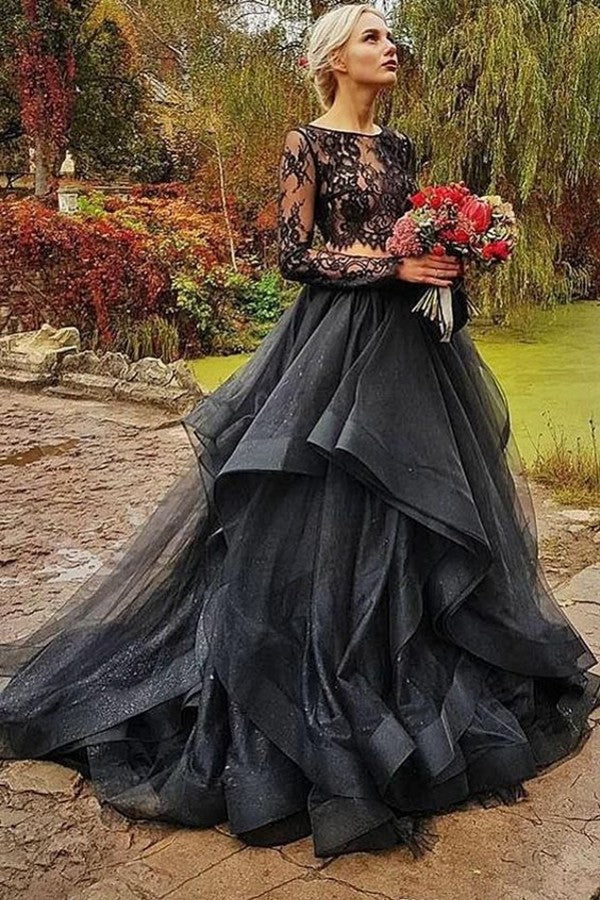 Modest Long Two Piece Tulle Lace Puffy Black Wedding Dress With Sleeves Modest Long Two Piece Tulle Lace Puffy Black Wedding Dress With Sleeves