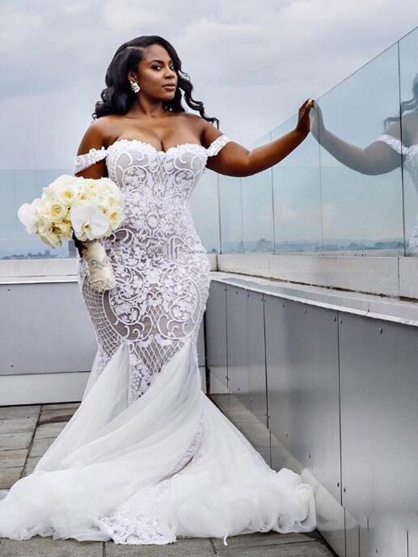 chinese dress ladies Plus Size Mermaid Wedding Gowns Lace Embroidery Off Shoulder main image 0