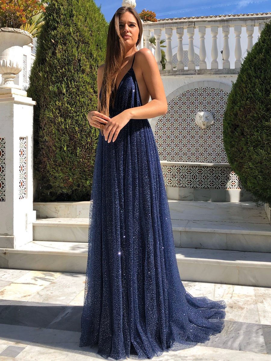 Navy Blue Long A-Line V Neck Backless Sparkly Open Back Formal Evening Prom Dresses Navy Blue Long A-Line V Neck Backless Sparkly Open Back Formal Evening Prom Dresses