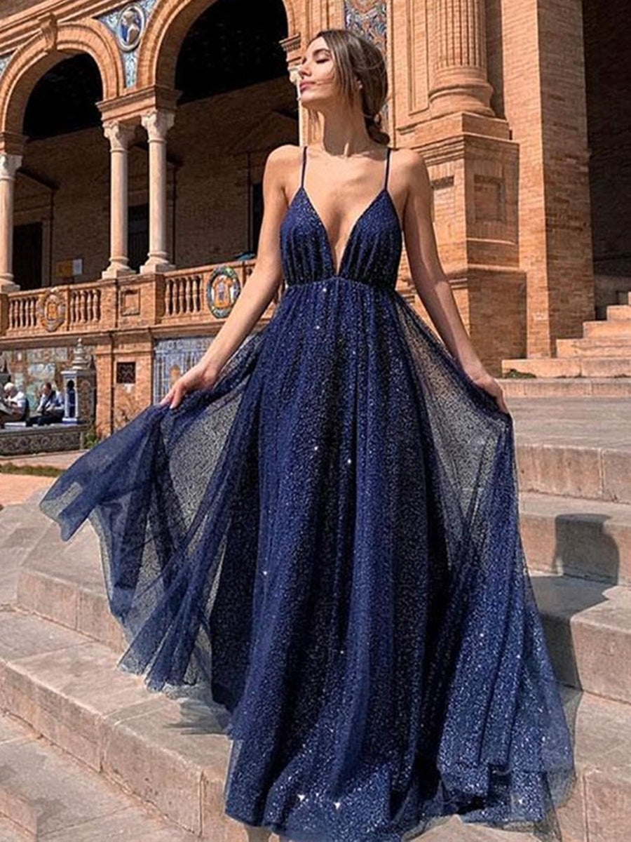 Navy Blue Long A-line V Neck Backless Sparkly Open Back Formal Evening BIZTUNNEL Navy Blue Long A-line V Neck Backless Sparkly Open Back Formal Evening BIZTUNNEL