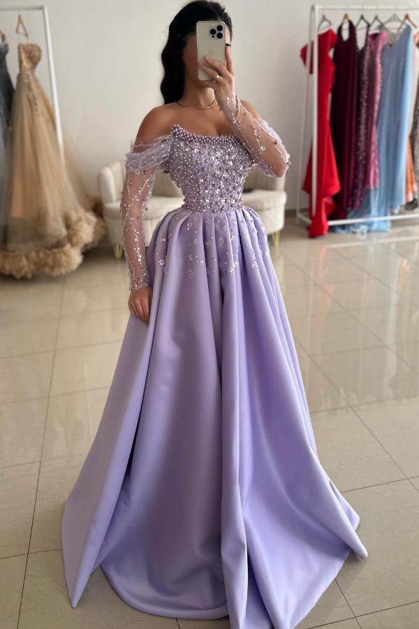 Off The Shoulder Beads Long Sleeves A-Line Satin Prom Dress with Rhinestones Off The Shoulder Beads Long Sleeves A-Line Satin Prom Dress with Rhinestones