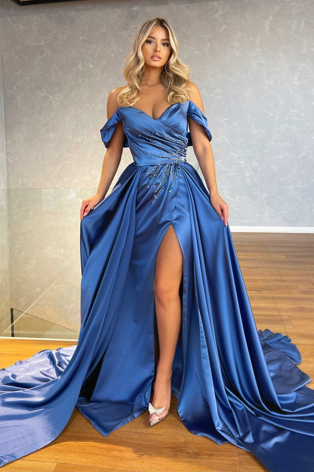 Off The Shoulder Satin Split Prom Dress LBQ1694