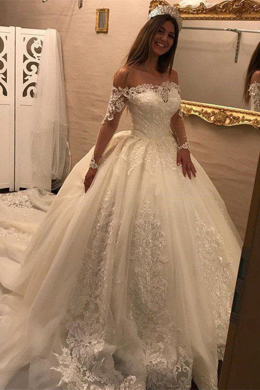 Off-Shoulder Long Sleeves Ball Gown Applique Tulle Wedding Dress OW269 main image 0