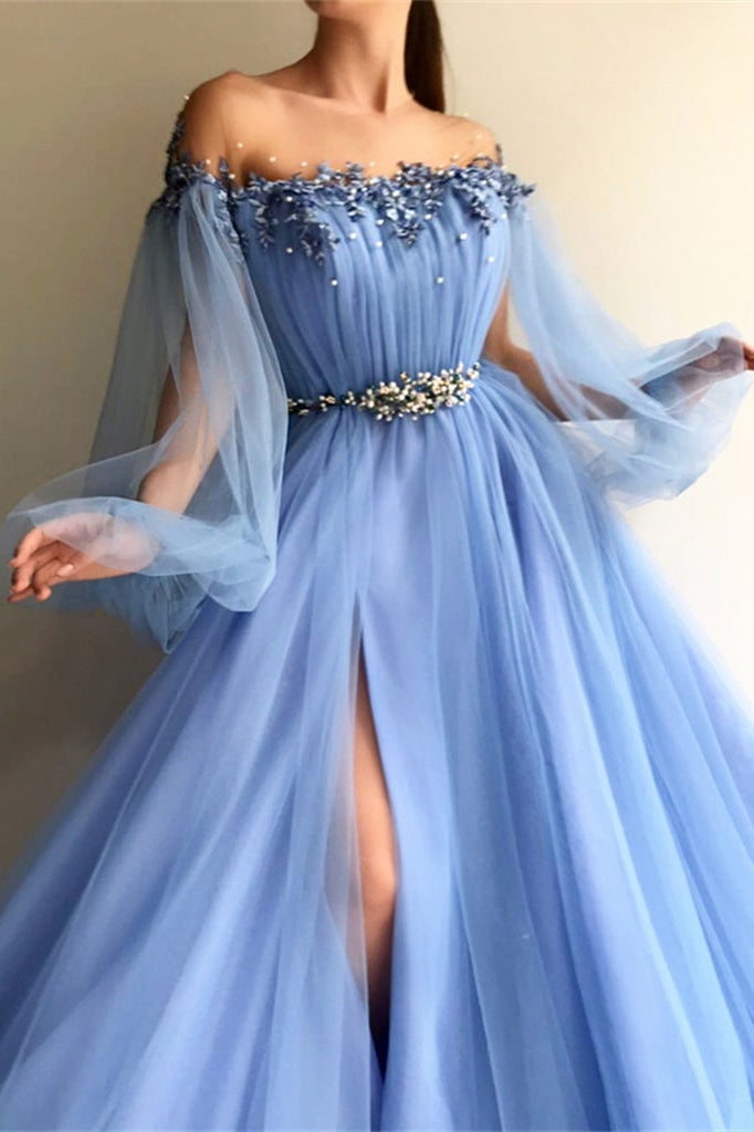Off-The-Shoulder Long Sleeves Long Tulle Prom Dress with Beads and Slits Off-The-Shoulder Long Sleeves Long Tulle Prom Dress with Beads and Slits