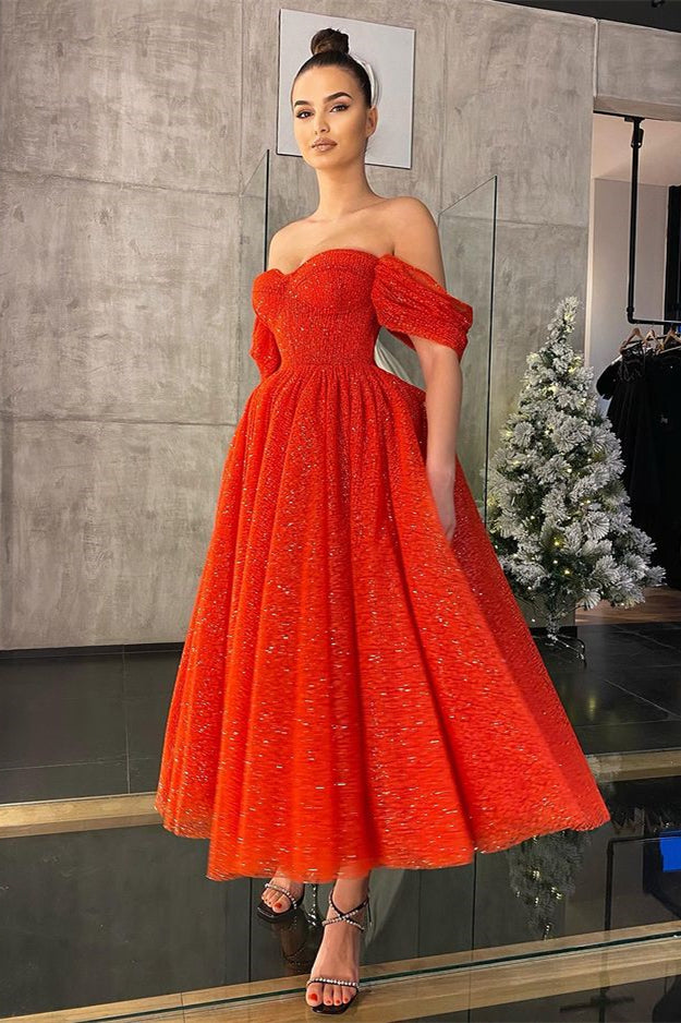 Off-The-Shoulder Red Sequins Short A-Line Evening Dresses Off-The-Shoulder Red Sequins Short A-Line Evening Dresses