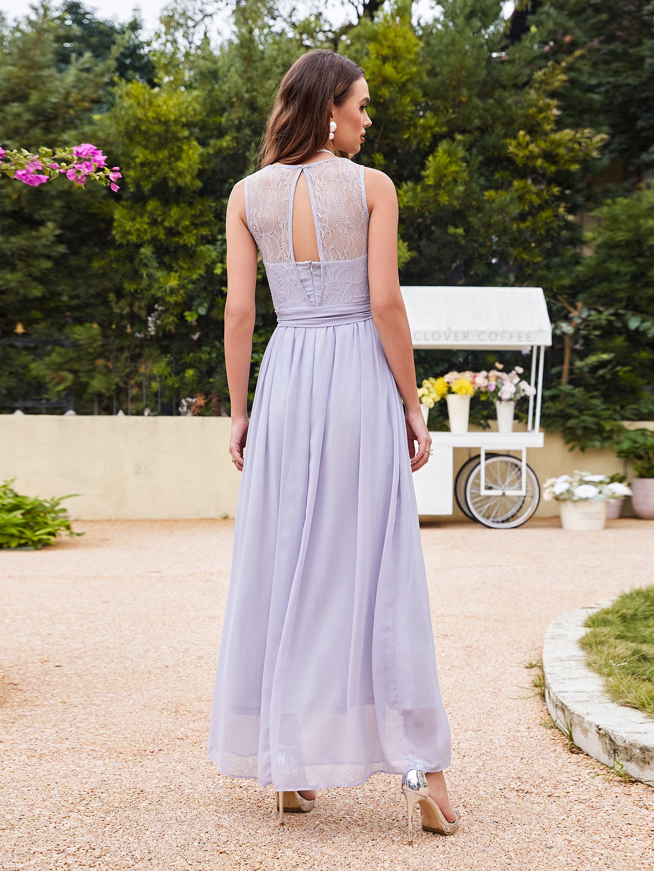 Off The Shoulder Round Neck Chiffon Long Bridesmaid Dress with Floral –  BIZTUNNEL