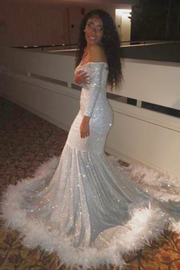 long sleeve feather prom dress Off-the-Shoulder Sequins Mermaid Long Prom Dress With Feather and Long –  BIZTUNNEL