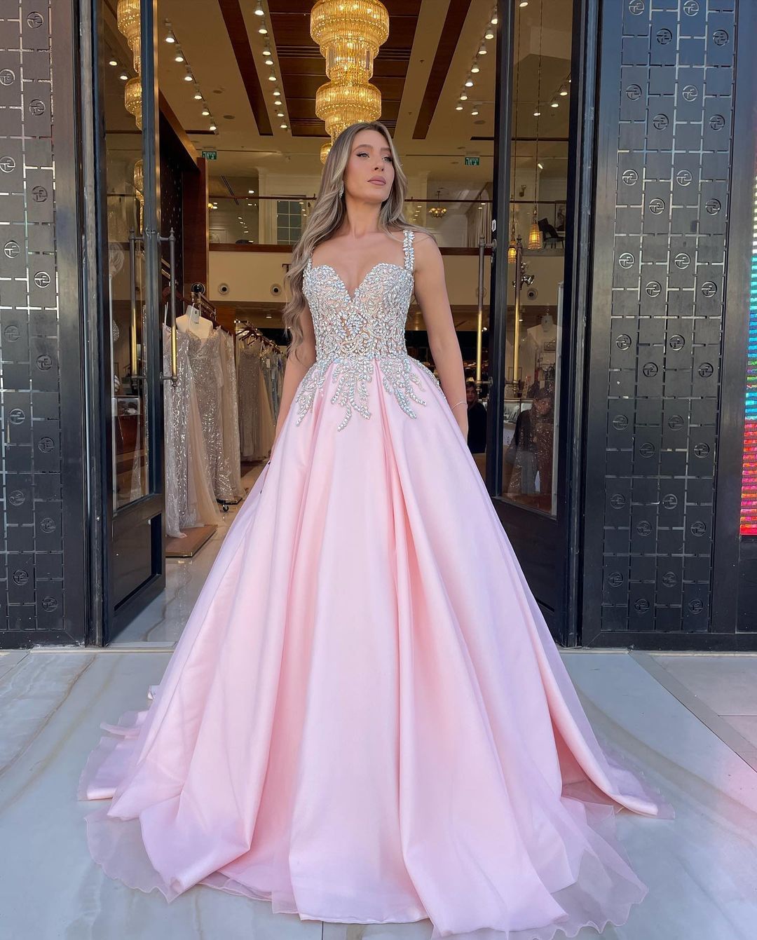 open lace back dress Fashion Pink Sweetheart Tiered Side Slit Appliques Prom Dress – Ballbella main image 1