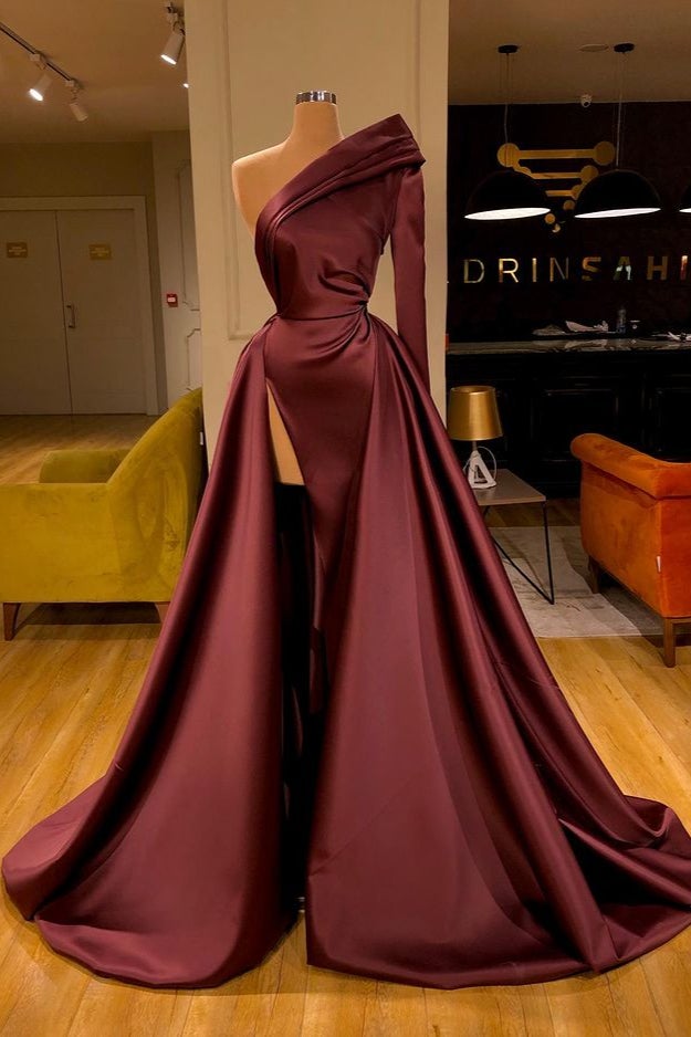 One Shoulder Long Sleeves Mermaid Prom Dress With Slit