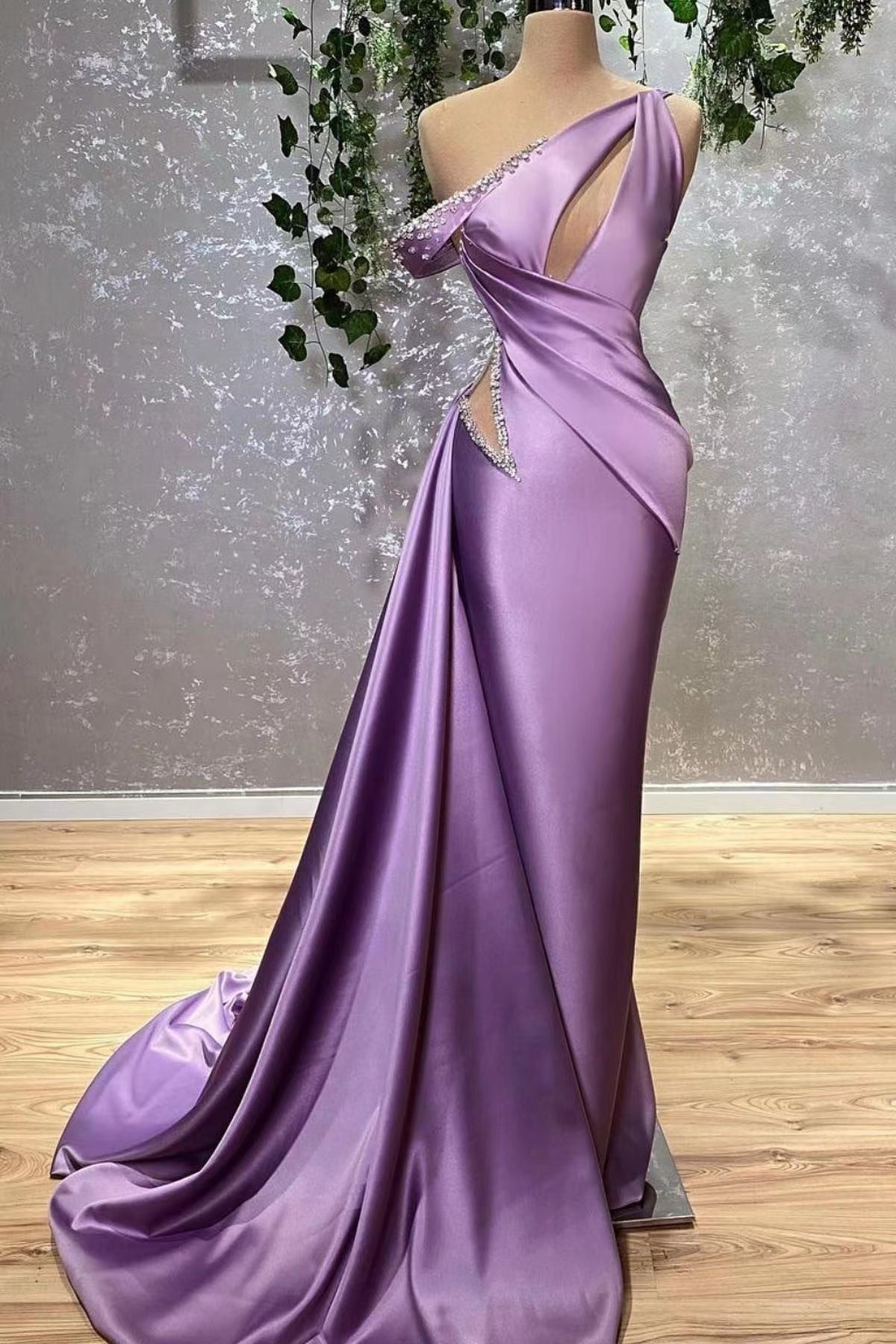 One Shoulder Sleeveless Lilac Mermaid Stain Prom Dress  BIZTUNNEL