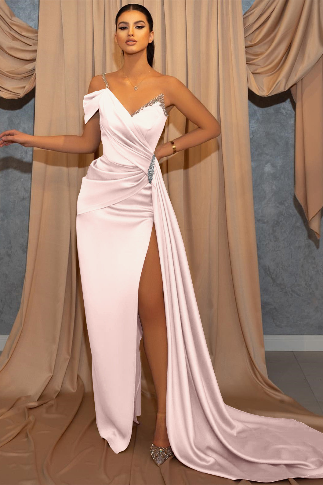 Long One Shoulder V-Neck Spaghetti Strap Ruffles Beaded Mermaid Prom D BIZTUNNEL Long One Shoulder V-Neck Spaghetti Strap Ruffles Beaded Mermaid Prom D BIZTUNNEL