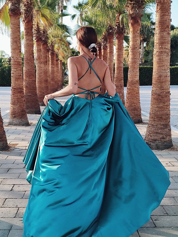 open lace back dress Mint V Neck Prom Dress With Rhinestone Beading And Open Lace Back