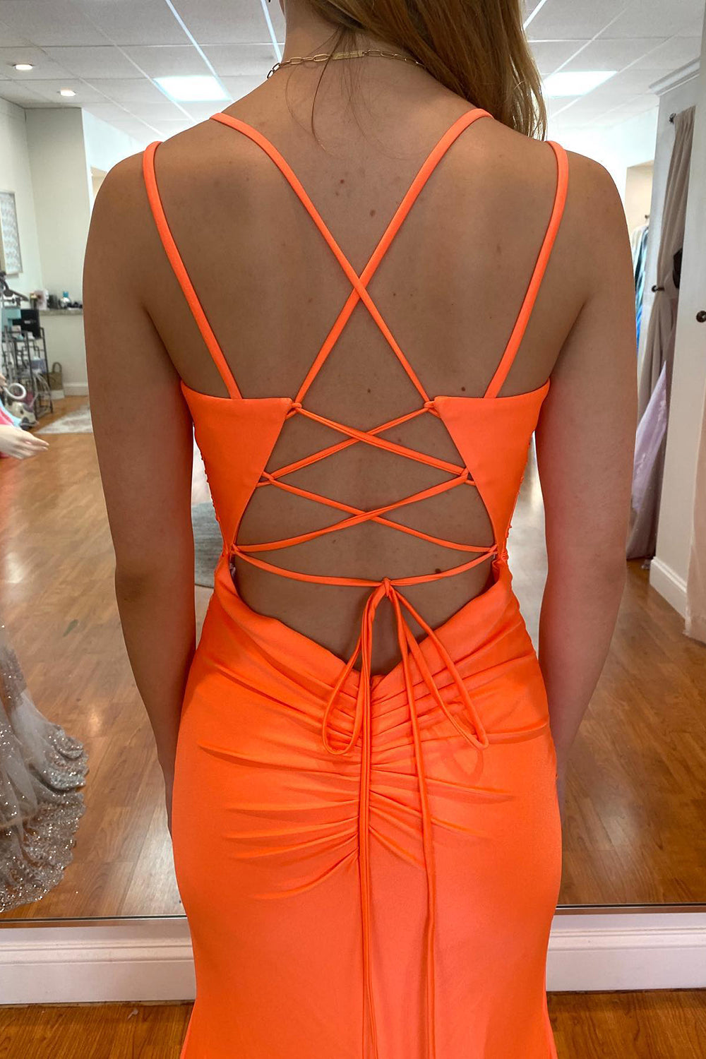neon orange maxi dress Orange Long Mermaid Spaghetti Straps Backless Prom Dress With Slit