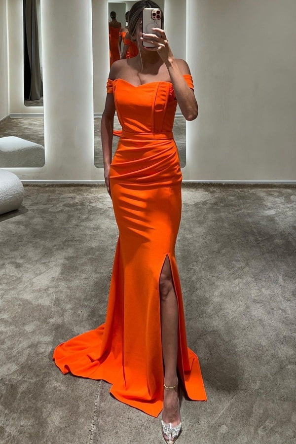 strapless open back dress Orange Off The Shoulder Long Mermaid Satin Prom Dress with Split