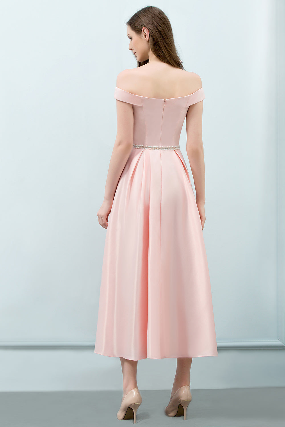 Pink A-Line Off The Shoulder Crystal Short Bridesmaid Dress BIZTUNNEL Pink A-Line Off The Shoulder Crystal Short Bridesmaid Dress BIZTUNNEL