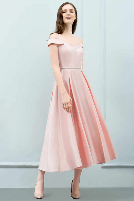Pink A-Line Off The Shoulder Crystal Short Bridesmaid Dress-BIZTUNNEL