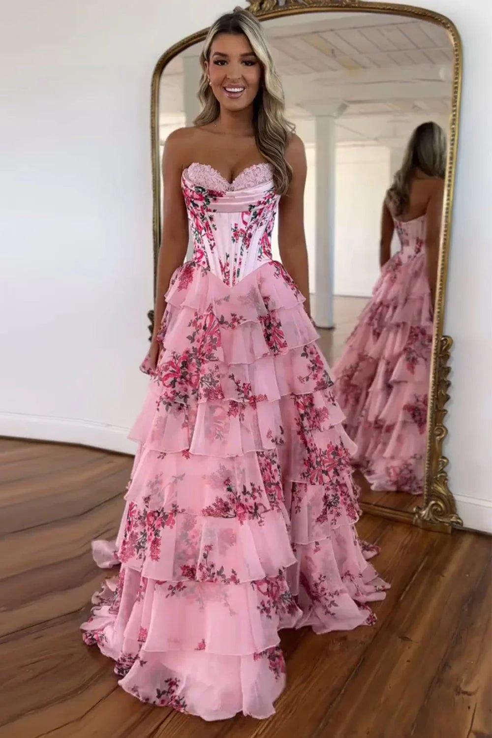 Pink Corset Prom Dress - Strapless Silk Chiffon Floral Gown-BIZTUNNEL