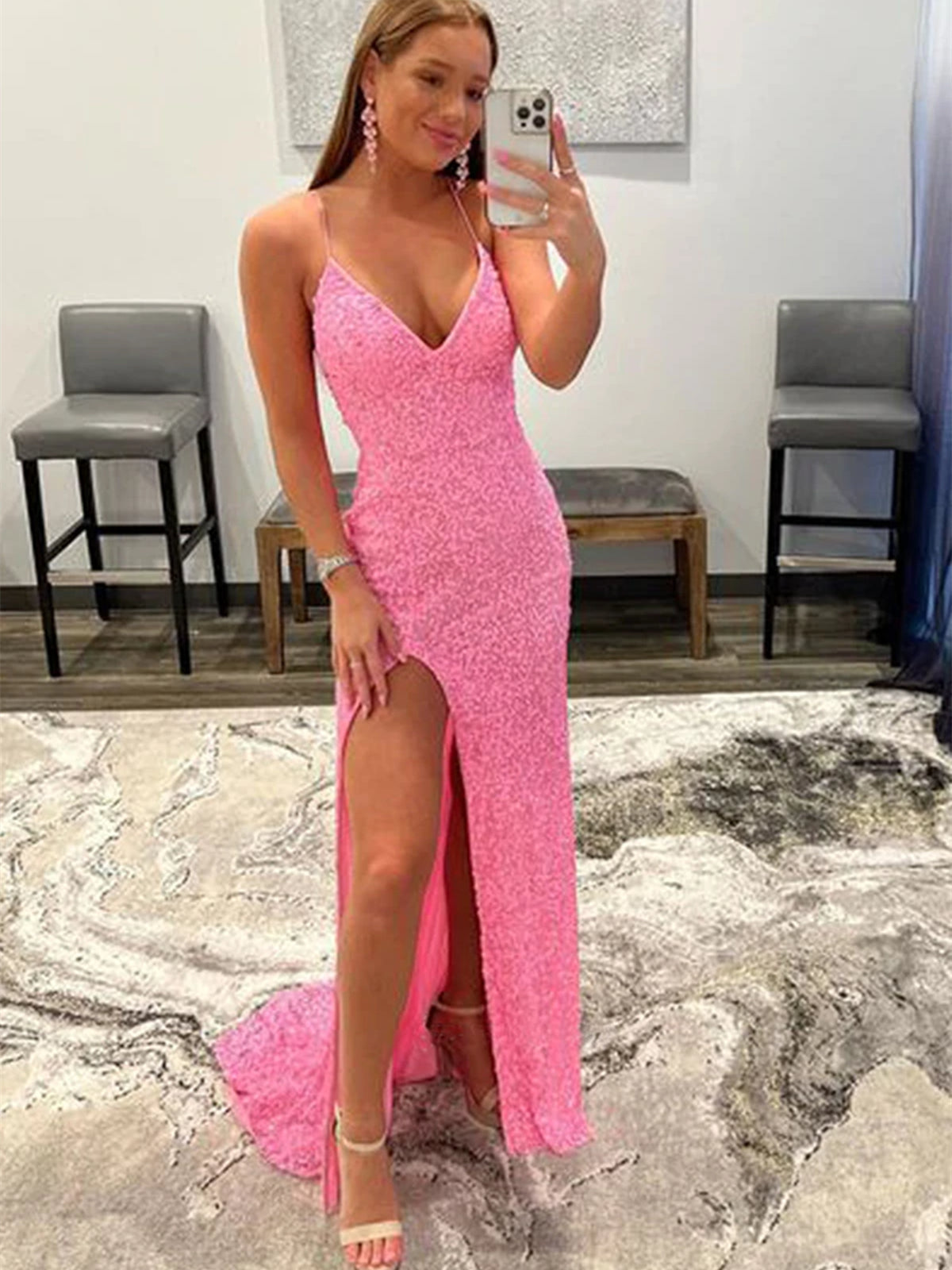 Pink Long Mermaid Sequins V Neck Backless Prom Dresses with Slit Pink Long Mermaid Sequins V Neck Backless Prom Dresses with Slit