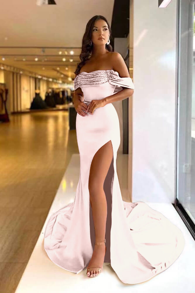 chinese dress ladies Long Off The Shoulder Beaded Mermaid Satin Prom Dress with Split