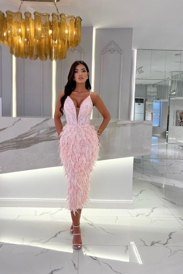 Short Mermaid V-neck Sequin Evening Dress with Beaded Feather Short Mermaid V-neck Sequin Evening Dress with Beaded Feather