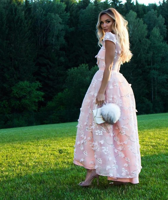 Pink Floral Lace Tea-Length Prom Dress