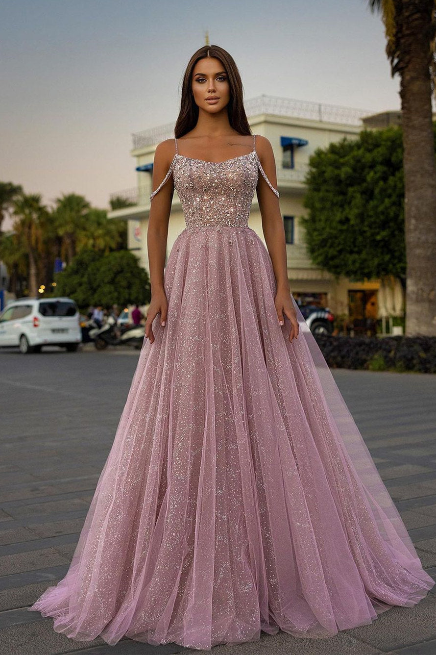 Pink Tulle Spaghetti Straps A-Line Long Prom Dress With Sequins Beads