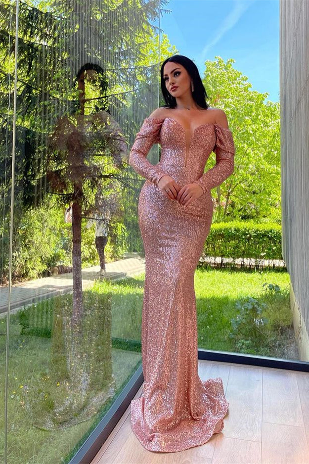 pink long sleeve mermaid dress Long Sleeves V-neck Mermaid Prom Dress Pink Long Chiffon