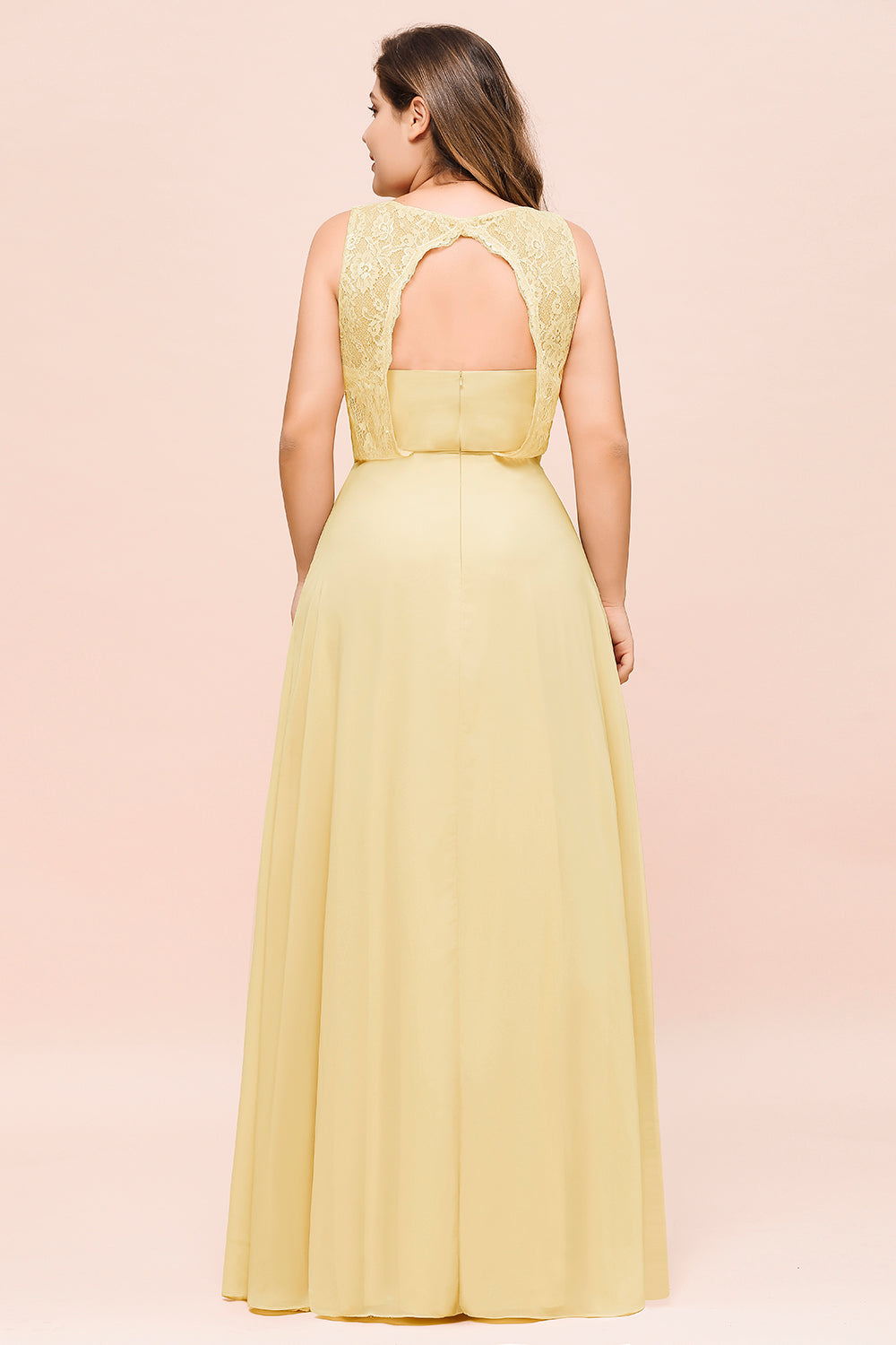Plus Size Daffodil Long Jewel Chiffon Bridesmaid Dress with Lace Plus Size Daffodil Long Jewel Chiffon Bridesmaid Dress with Lace