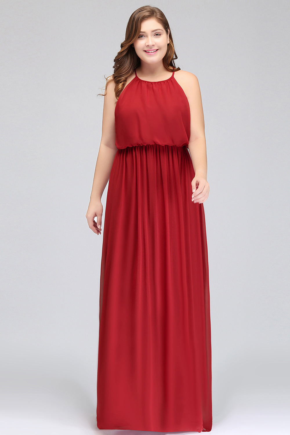 Plus Size Long A-line Chiffon Spaghetti Straps Halter Bridesmaid Dress – BIZTUNNEL