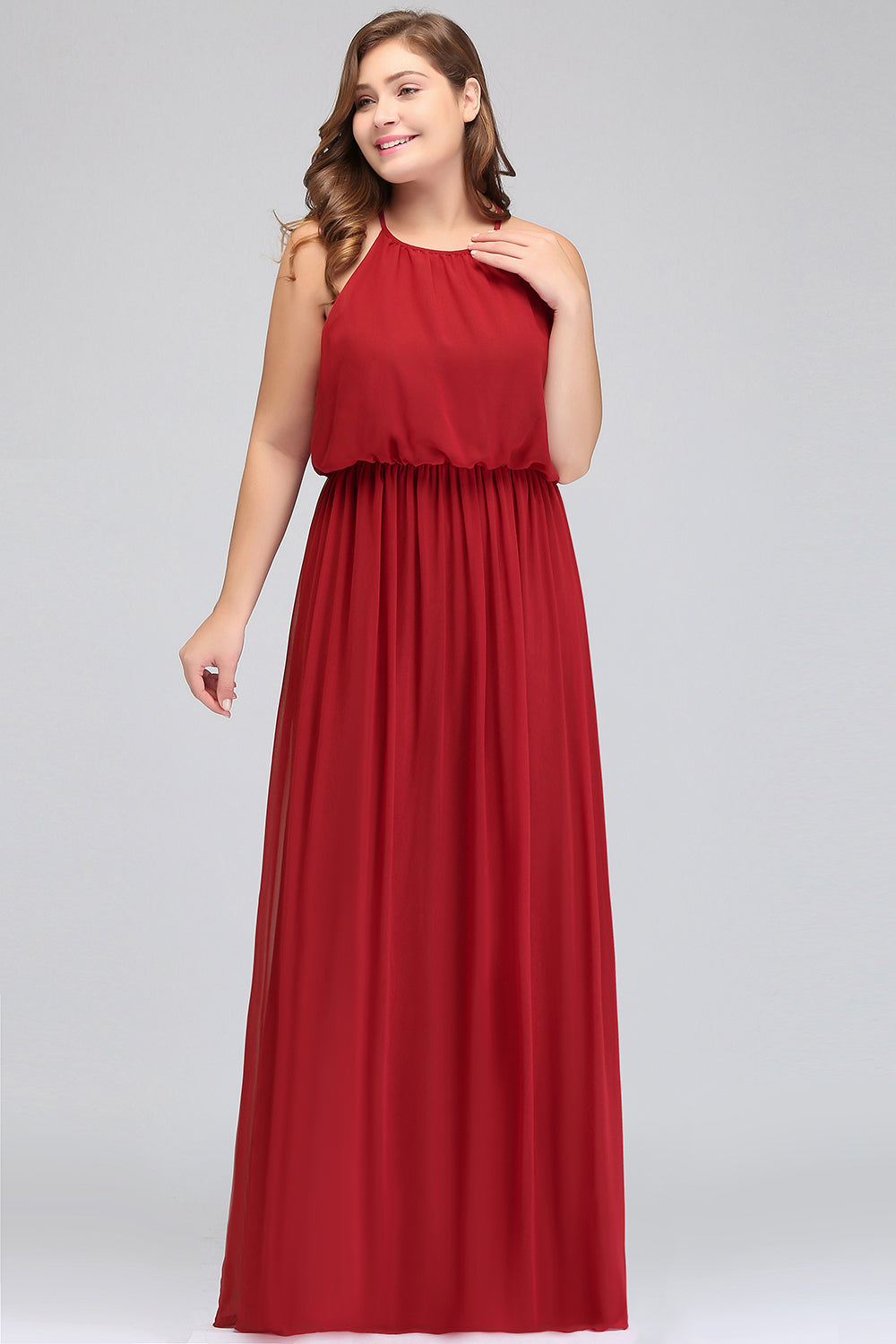 Plus Size Long A-Line Chiffon Spaghetti Straps Halter Bridesmaid Dress with Ruffles Plus Size Long A-Line Chiffon Spaghetti Straps Halter Bridesmaid Dress with Ruffles