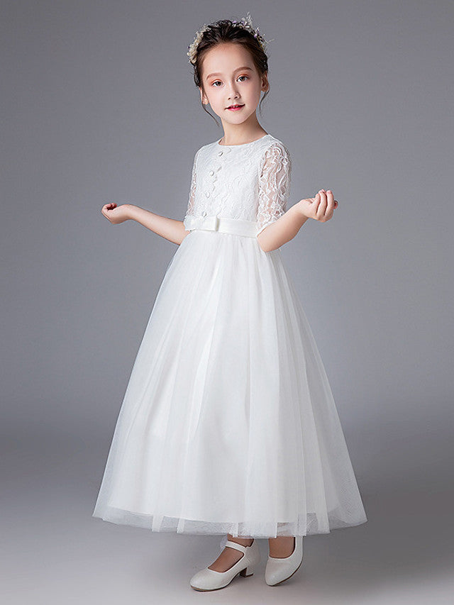 Princess Tulle Lace Half Sleeve Jewel Neck Wedding First Communion Flower Girl Dresses-BIZTUNNEL