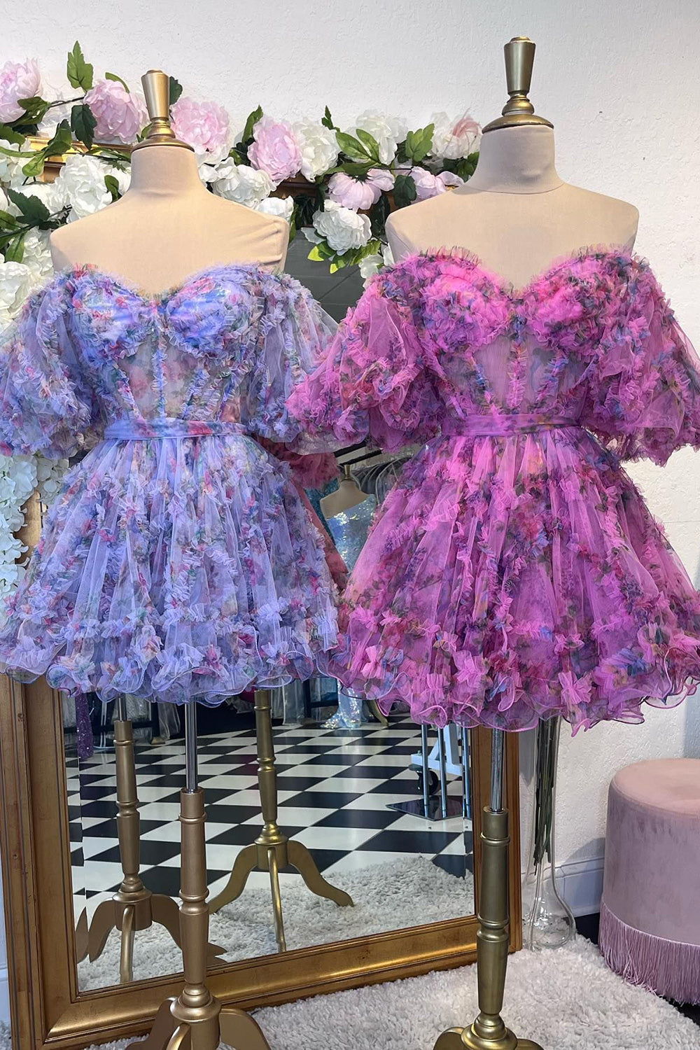 floral purple homecoming dress V Neck High Low Purple Floral Prom Dresses, V Neck Purple Homecoming D   Lwt Dress