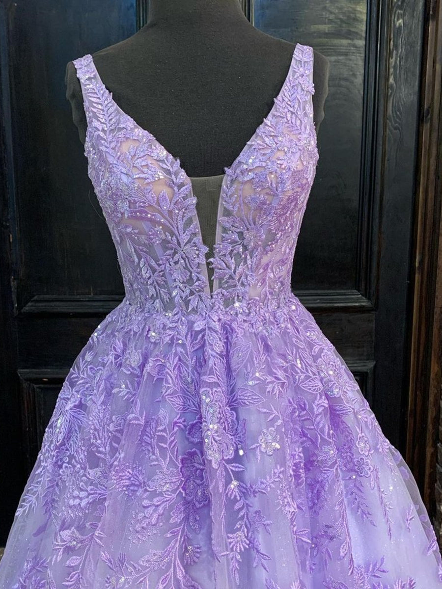 Purple Long A-line V Neck Tulle Lace Prom Formal Graduation Evening Dresses Purple Long A-line V Neck Tulle Lace Prom Formal Graduation Evening Dresses