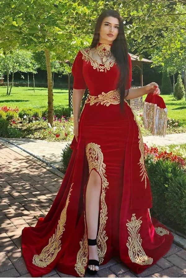 Red Long A-Line Sweetheart Appliques Lace Split Velvet Prom Dress with Sleeves