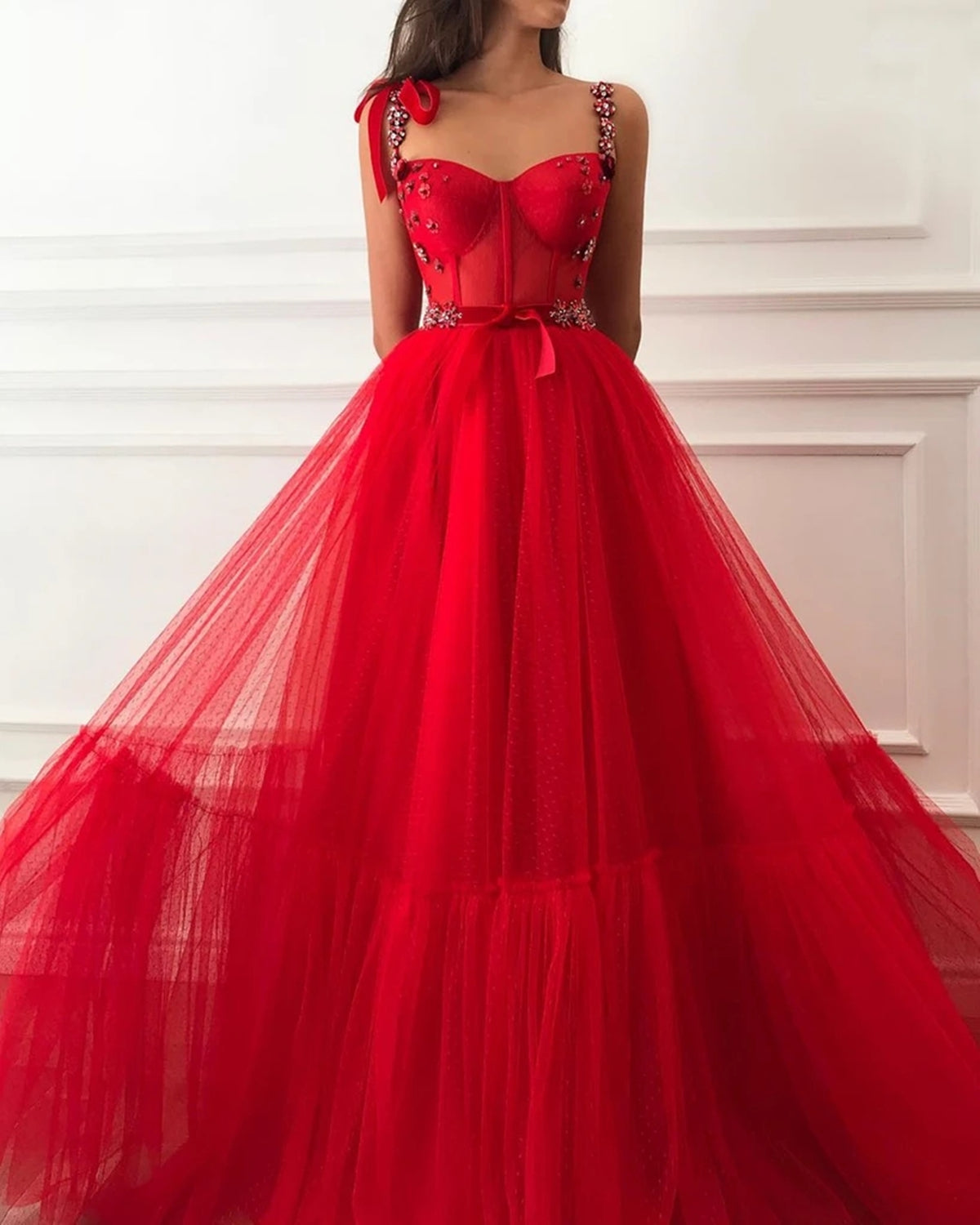 Red Long A-line Tulle Beaded Floral Formal Evening Graduation Prom Dresses Red Long A-line Tulle Beaded Floral Formal Evening Graduation Prom Dresses