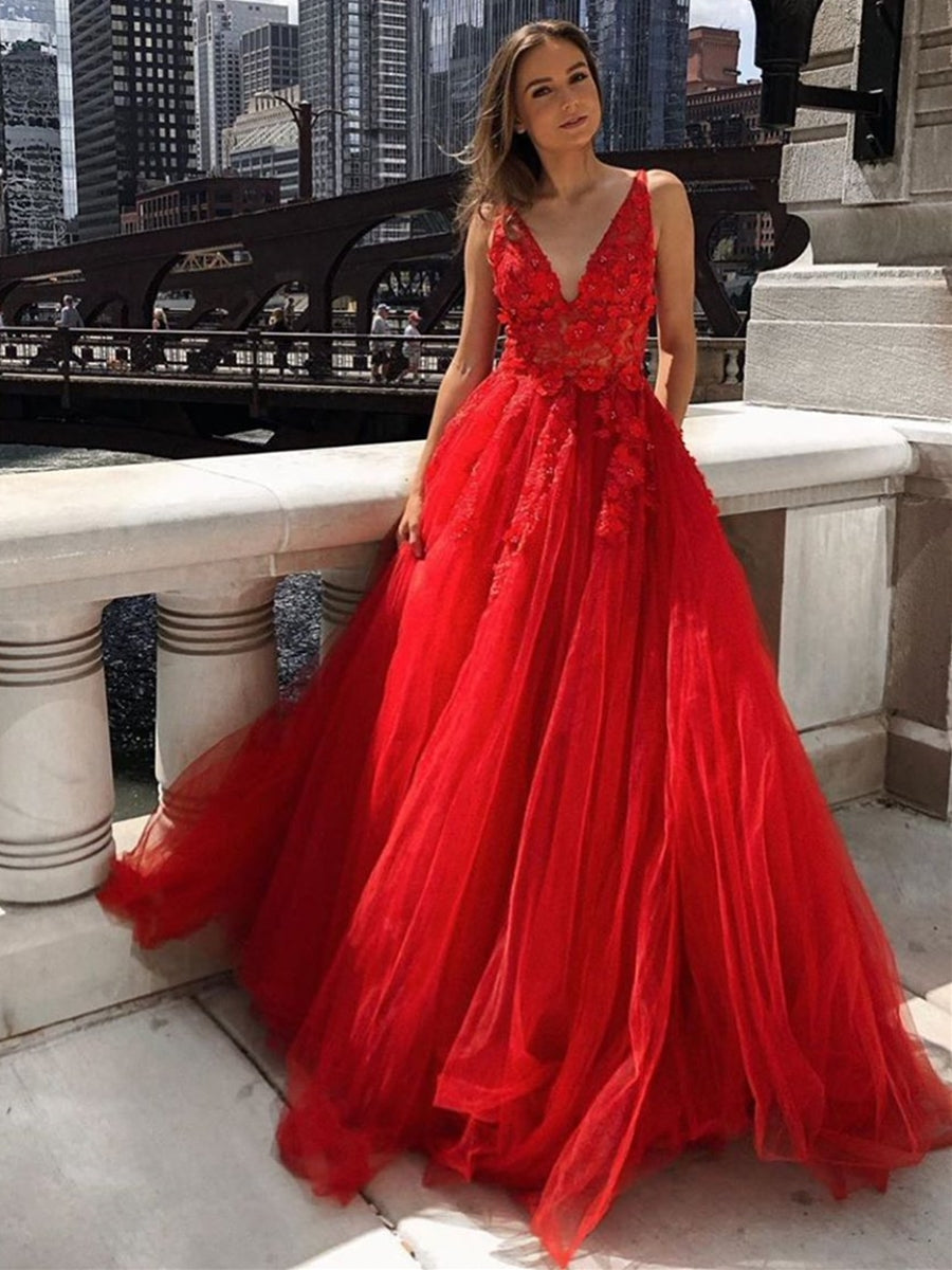 Red Long A-Line V-Neck Tulle Lace Backless Formal Prom Dresses with Pockets