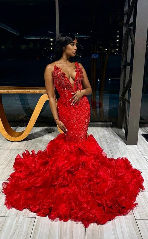 Red Long Mermaid V-Neck Beadings Formal Prom Dress with Ruffles Red Long Mermaid V-Neck Beadings Formal Prom Dress with Ruffles