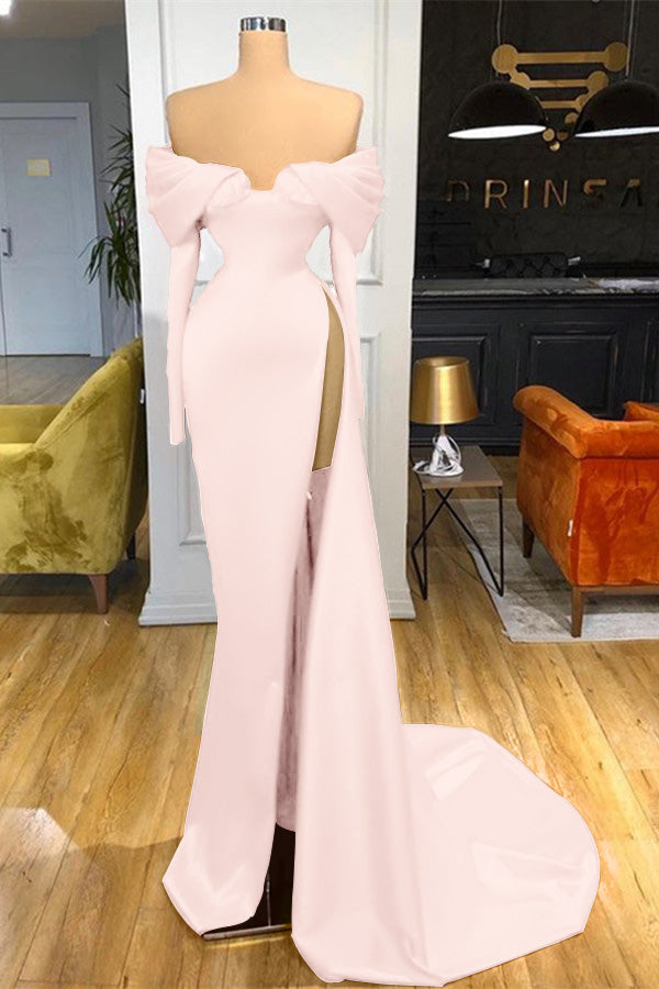 Red Off The Shoulder Long Sleeves Satin Mermaid Prom Dress with Split Red Off The Shoulder Long Sleeves Satin Mermaid Prom Dress with Split