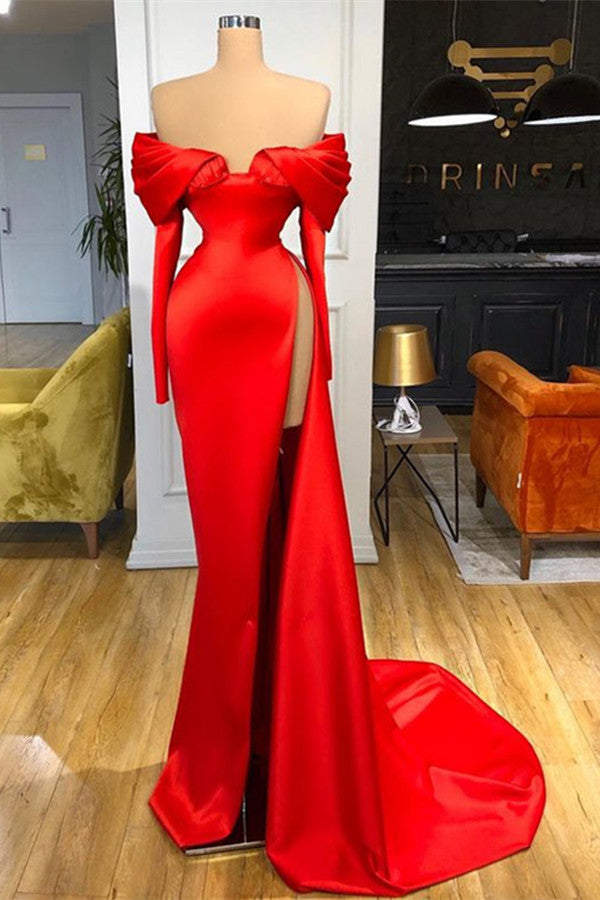 fitted lace wedding dress Burgundy Satin Prom Dresses Mermaid Split Off Shoulder main image 0