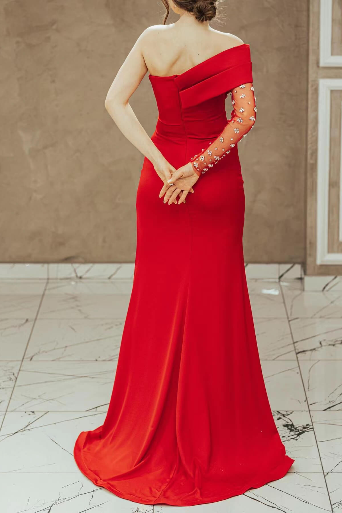 red one sleeve prom dress Red One-Shoulder Lace Corset Prom Dress with Slit FD6116 Viniodress
