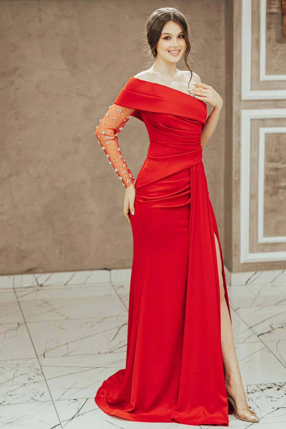 open lace back dress Red One-Shoulder Mermaid Prom Dress with Split and Sequins