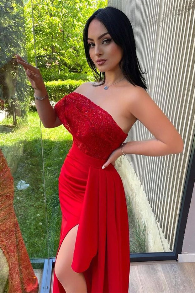 Red One-Shoulder Strapless Mermaid Prom Dress with Front Slit