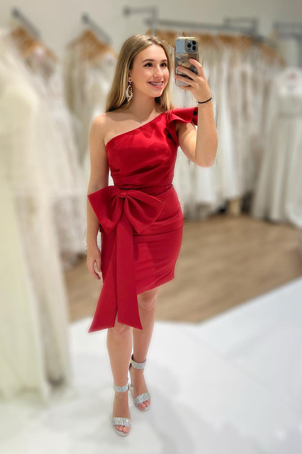 red one shoulder dress short Tight Homecoming With Bow ecb128e Bridal Shower Outfit Inspo and ruched fit in Shoe US Size:10