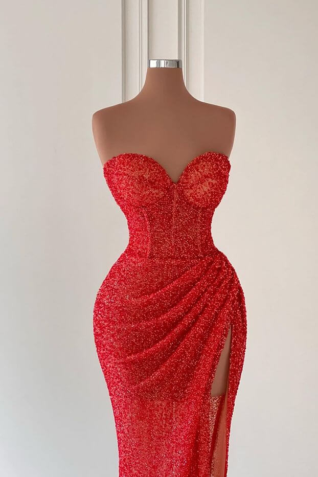 chinese dress ladies Red Sleeveless Sequins Sweetheart Long Mermaid Evening Dress with Split