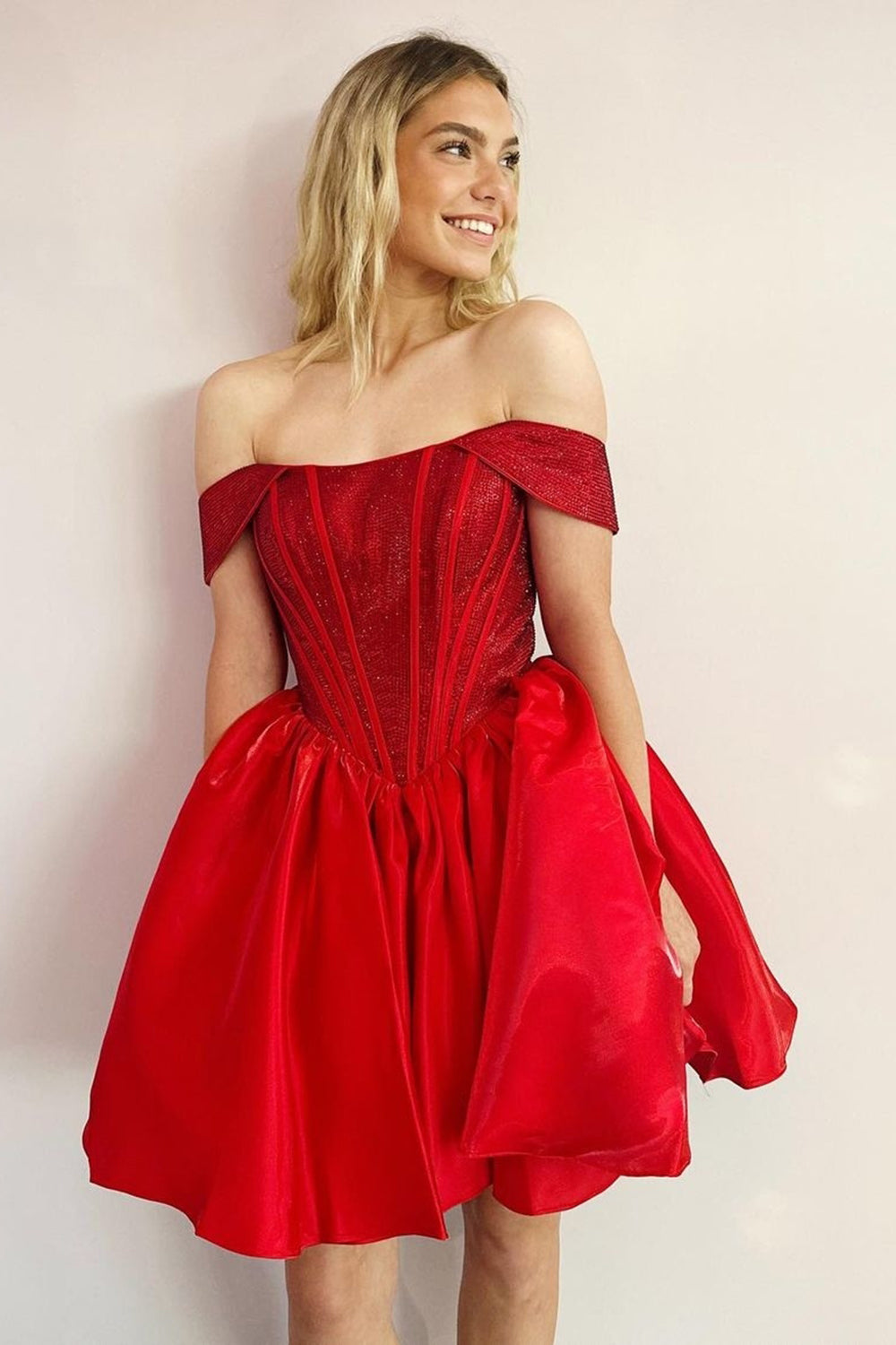 Red Sparkly Off The Shoulder Corset A Line Short Homecoming Dress Red Sparkly Off The Shoulder Corset A Line Short Homecoming Dress