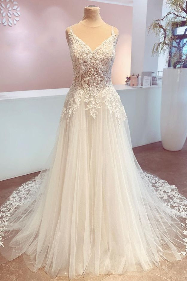 a line spaghetti strap wedding dress Tulle A-line Beaded Straps Dresses SW528 Tulle 3 Elegant A-Line Wedding Dresses Square