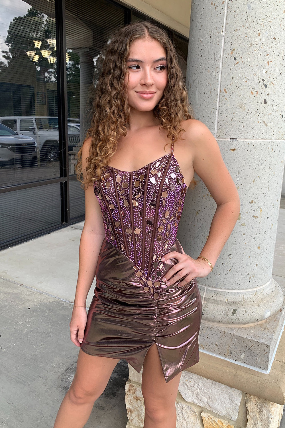 rose gold homecoming dress short Spaghetti Straps Mirror Tight with Be – BIZTUNNEL semi formal rose gold dress