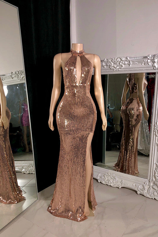 strapless open back dress Long Mermaid Sleeveless Sequins Halter Prom Dress with Slit – BIZTUNNEL