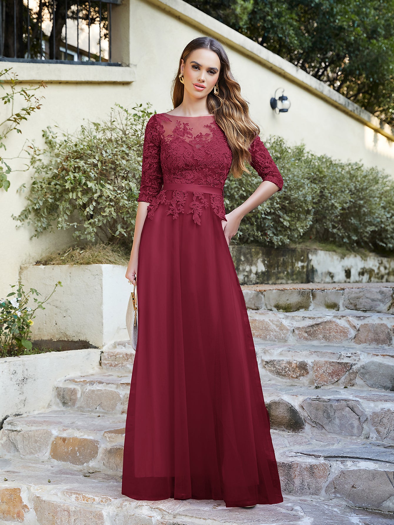 Round Neck Half Sleeves A line Tulle Lace Appliques Long Bridesmaid Dr –  BIZTUNNEL