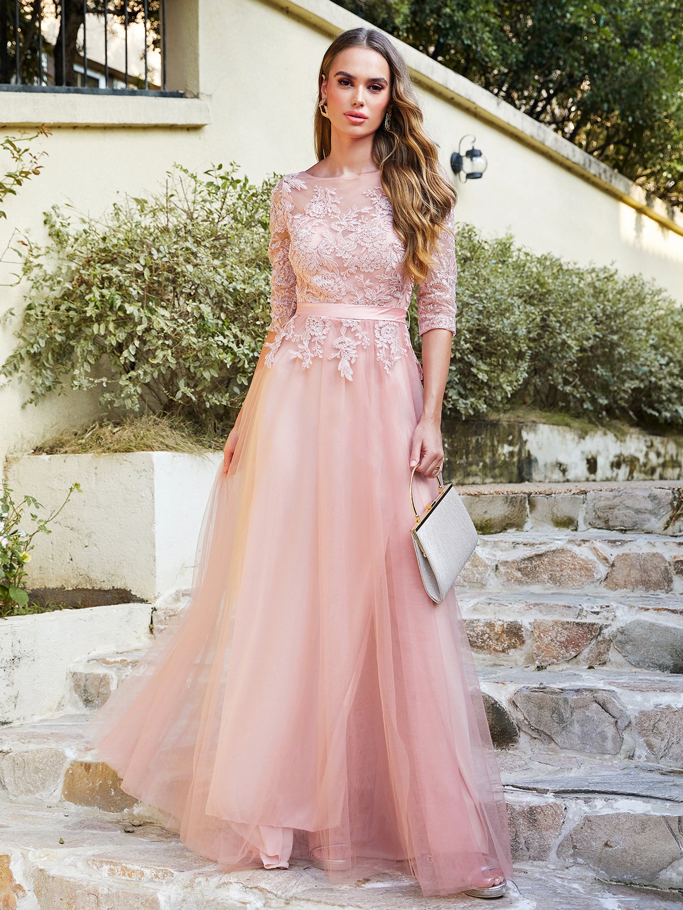 Round Neck Half Sleeves A line Tulle Lace Appliques Long Bridesmaid Dr BIZTUNNEL Round Neck Half Sleeves A line Tulle Lace Appliques Long Bridesmaid Dr BIZTUNNEL